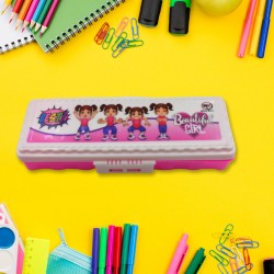 7748 Multipurpose Compass Box  Plastic Double Deck Pencil Case with 2 Compartments  Supplies Utility Box Storage Organizer  Pencil Box for School  Cartoon Printed Pencil Case for Kids  Birthday Gift for Girls   Boys