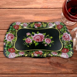 5537 Stainless Steel Serving Tray With Flower Printed Rectangle Premium Dining Table Plate  18 x 8 5 Inch   1 Pc 