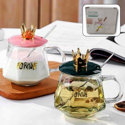 5540 Tea Coffee Mug Golden Crown Shape and Stainless Spoon  Glass Cup With Hand  Milk  Chocolate and Beverage  Tea and Water  Clear Drinking Cups  1 Pc 
