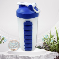 12592 2 In1 Pill Shaker Cup Vitamin Holder Water Bottle with Pill Holder Daily Medicine Planner Shaker Water Bottle pillboxes Organizer pre Workout Shaker Fitness pp Bracket Portable  600 ML 