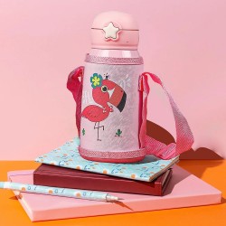 Love Baby Cute Animals Prints Kids Bottle Sipper for HOT N Cold Water  Milk  Juice with Bottle Cover  Cup  Zip Pocket   Straw to Keep Things Orange Green Pink Colors for Outdoor  Office Gym School  600 ML 